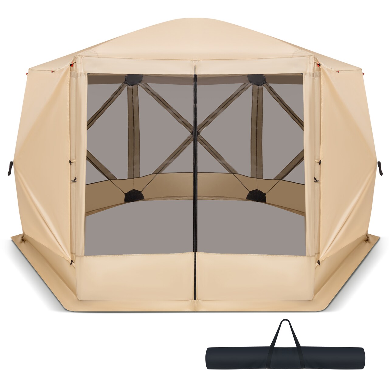 Costway 11.5 X 11.5 FT 6-Sided Pop-up Screen House Tent With 2 Wind Panels for Camping Coffee/Green